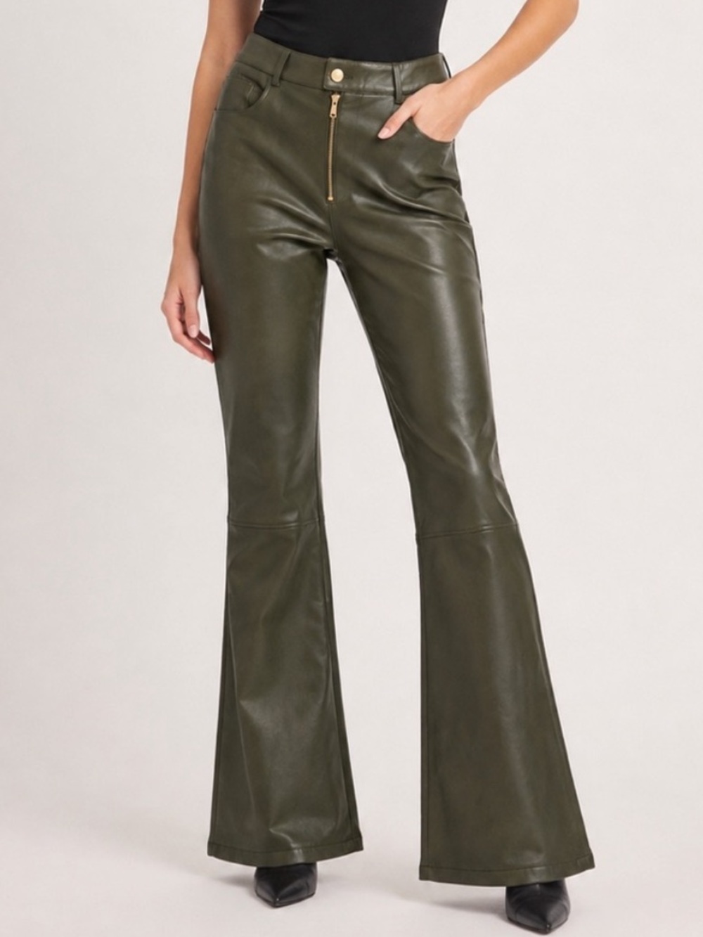 Avec Les Filles Faux Leather Pants Kick Flare Size 10 Olive Green Edgy Chic Moto